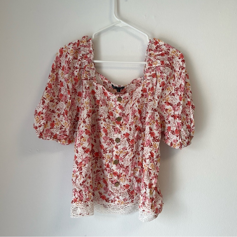 Unique Spectrum Floral Print Top Lace Trim Half Sleeve Buttons Detail Size XL